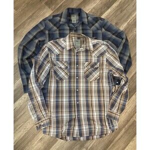 GC Blue Vintage Collection Mens M Western Shirts Lot/2 Blue Plaid Pearl Snap LS